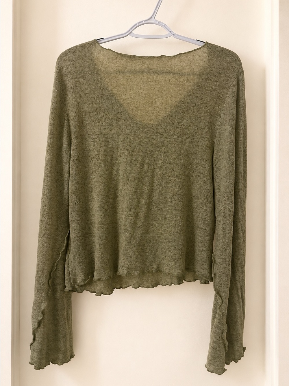 Olive Green Buttery Soft Bell Sleeve Lettuce Hem Top - Picture 5 of 6